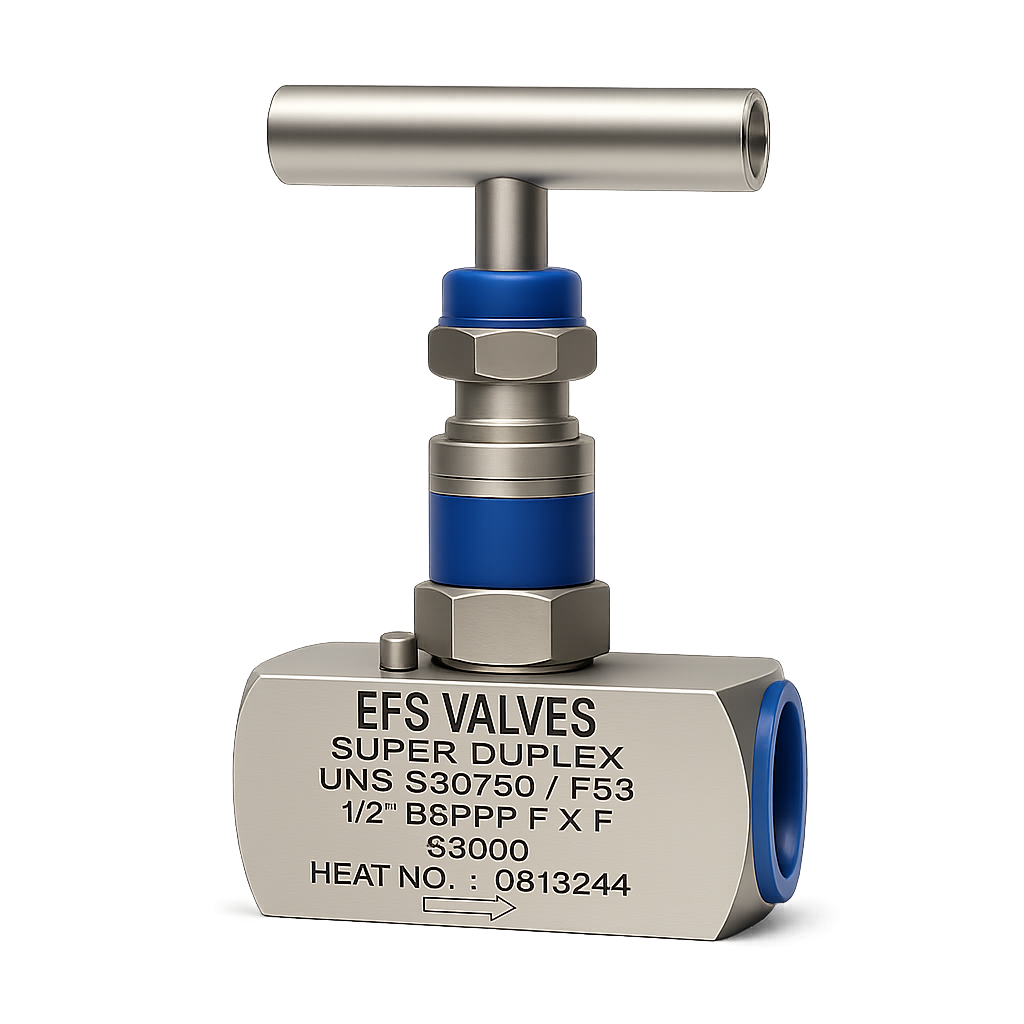 EF70 exotic material needle valve for corrosive service flow control